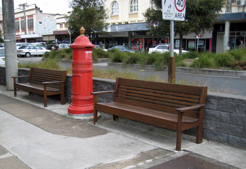 Commercial outdoor timber garden bench street Lismore, NSW