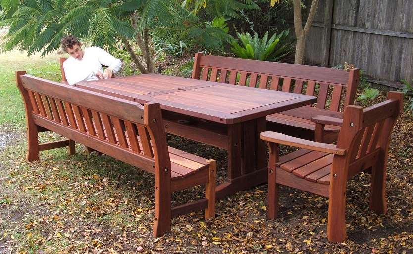 Large outdoor recycled timber table and dining bench